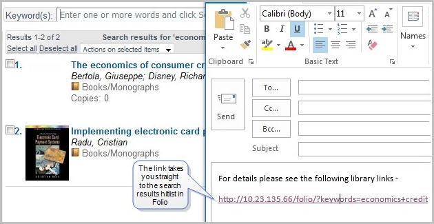URL pasted into email which accesses a Folio system URL and runs a keyword search.