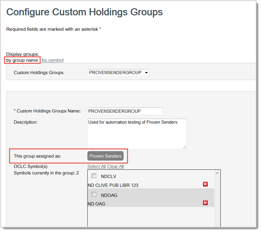 Screenshot of the Configure Custom Holdings Groups screen in OCLC Service Configuration with the Display groups by group name and This group is assigned as options called out