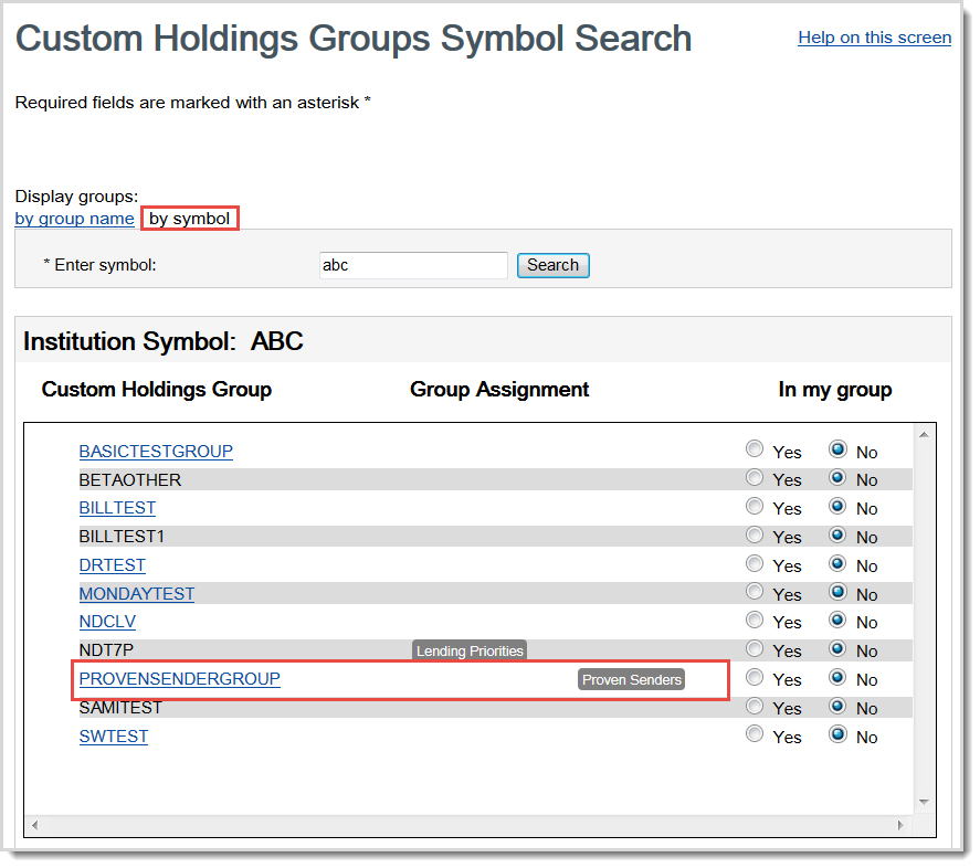 Screenshot of the Configure Custom Holdings Groups screen in OCLC Service Configuration with the Display groups by symbol and a row in the Custom Holdings Gropu table called out