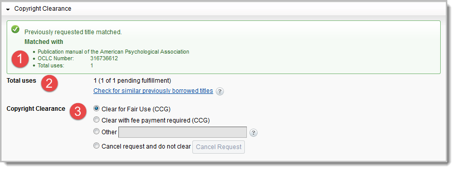 Screenshot of the Copyright Clearance section in a copy request with sections identified by number