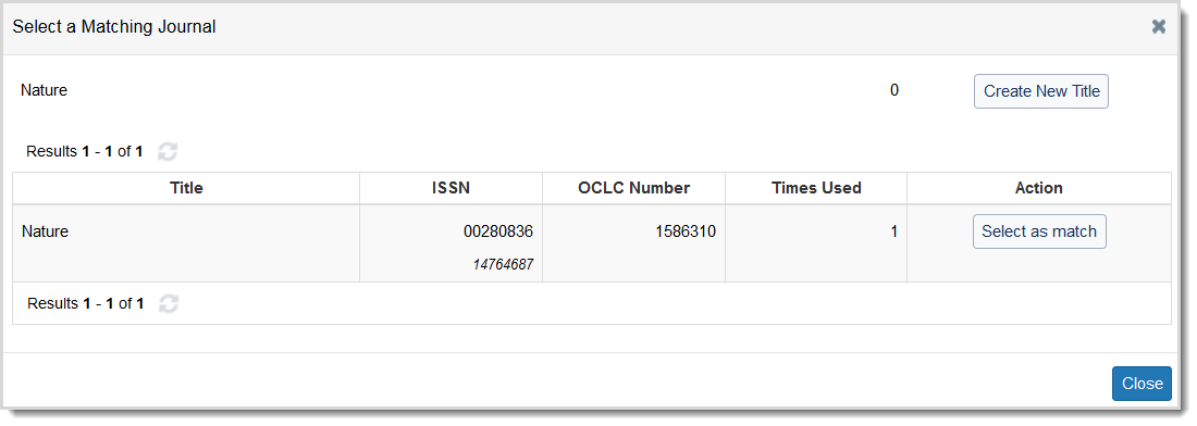 Screenshot from WorldShare user interface ILL page of the select a Matching Journal window