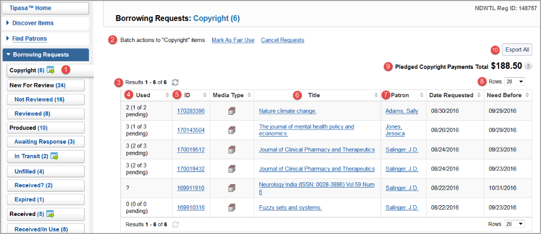 Screenshot from of the Copyright queue  in Tipasa with sections identifed by number