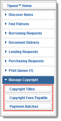 Screenshot of the manage copyright queue in Tipasa with the menu options called out