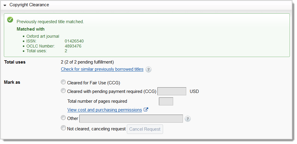 Screenshot of Copyright Clearance section in a copy request section WorldShare user interface showing a match found