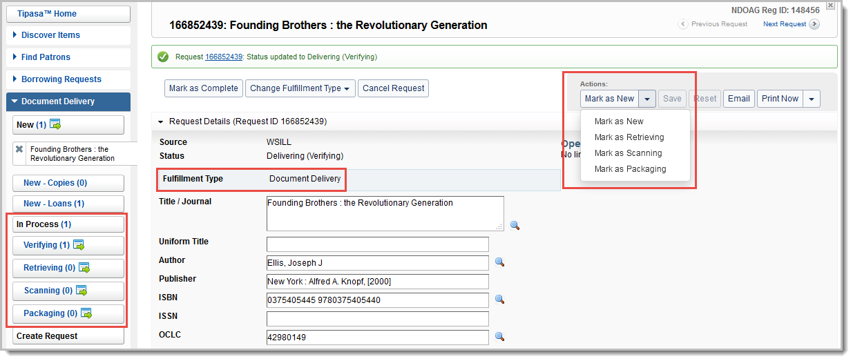 Screenshot of request details with the Copyright Clearance section in a copy request called out