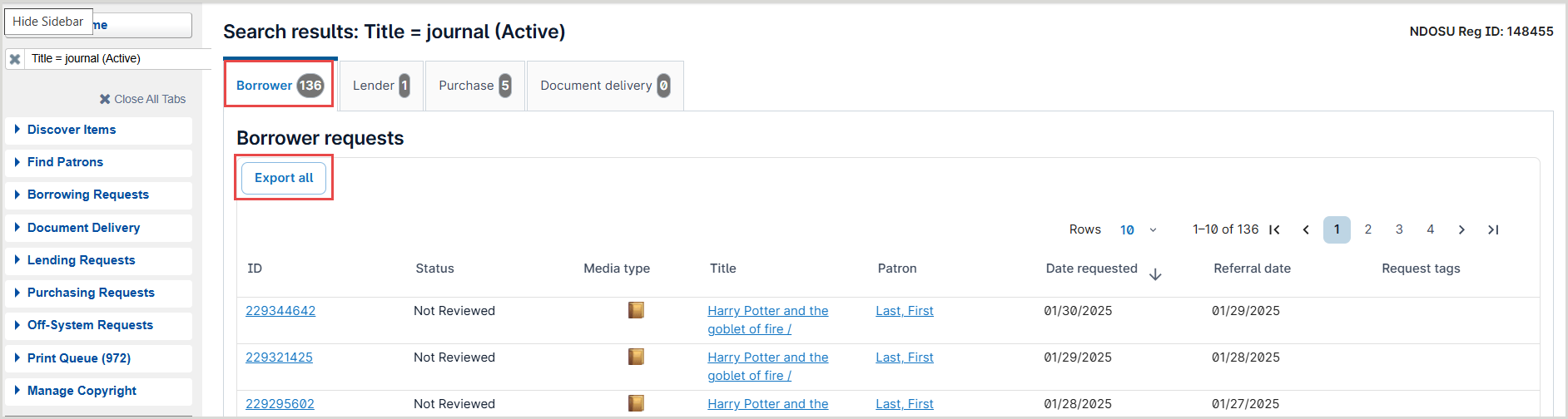 A screenshot of the borrowing request with the borrower tab and Export All button called out