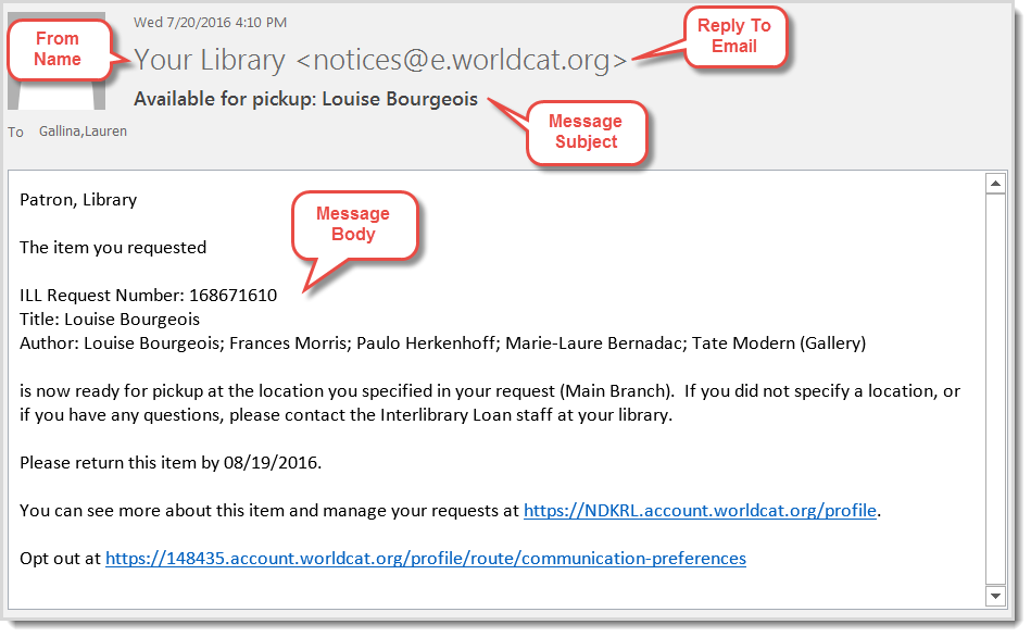 Screenshot show sample patron email notification