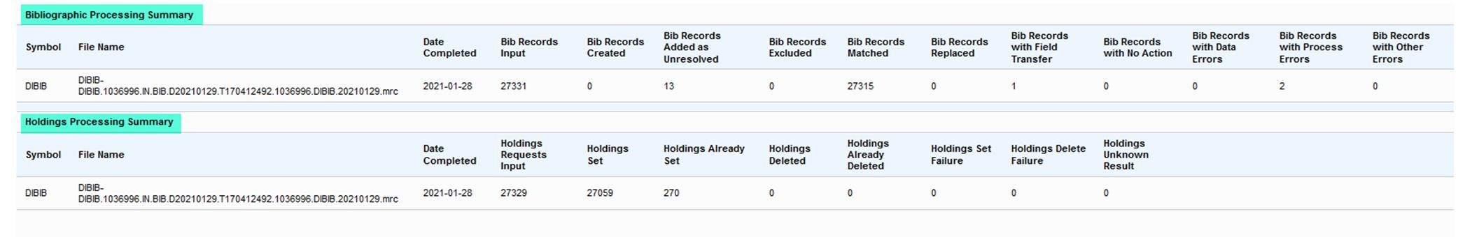 Individual Bibliographic and Holdings Processing Summary - Example