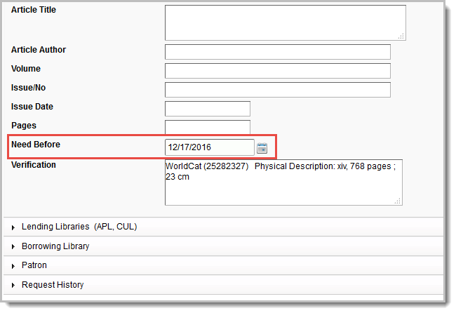Screenshot of a request workform in Tipasa with the Need Before field called out