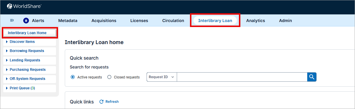 Screenshot of the WorldShare interface with the Interlibrary Loan module called out