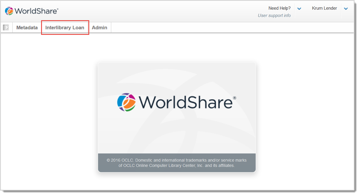 Screenshot of the WorldShare interface with the Interlibrary Loan module called out