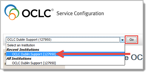 Screenshot of the OCLC service configuration with the Go button called out and the Select an Institution drop-down list expanded