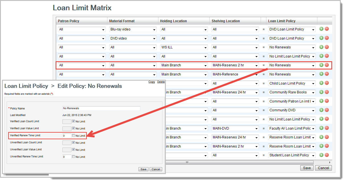 Screenshot of the Loan Limit Matrix highlighting how to edit Loan Limit Policy