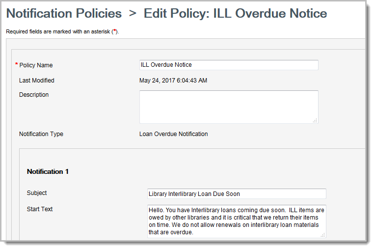 Screenshot of the Notification Policies > Edit Policy: ILL Overdue Notice screen in the WorldShare Circulation module of the OCLC Service Configuration WorldShare Circulation module