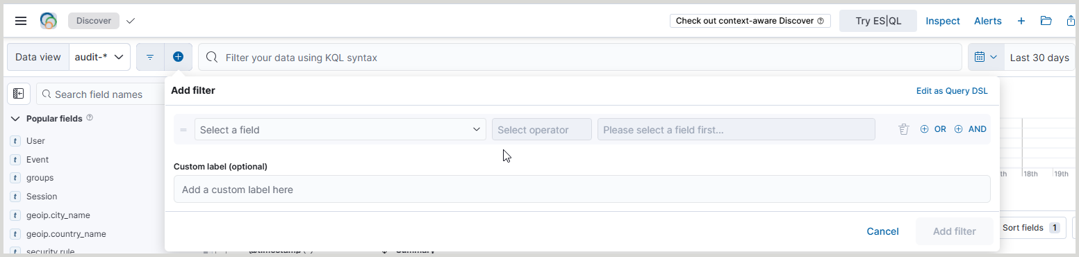 Screenshot of the Filter function in EZproxy Analytics