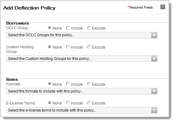 Screenshot of options in user interface for adding deflections policy information.