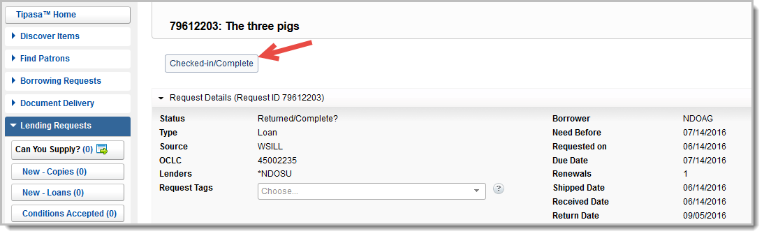 Screenshot of complete requests in Tipasa with callout to Checked-In/Complete
