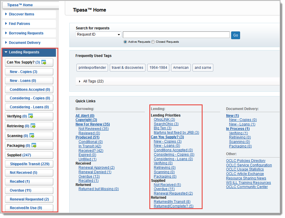 Screenshot of Tipasa Home with Lending Requests and Lending Priorities called out.