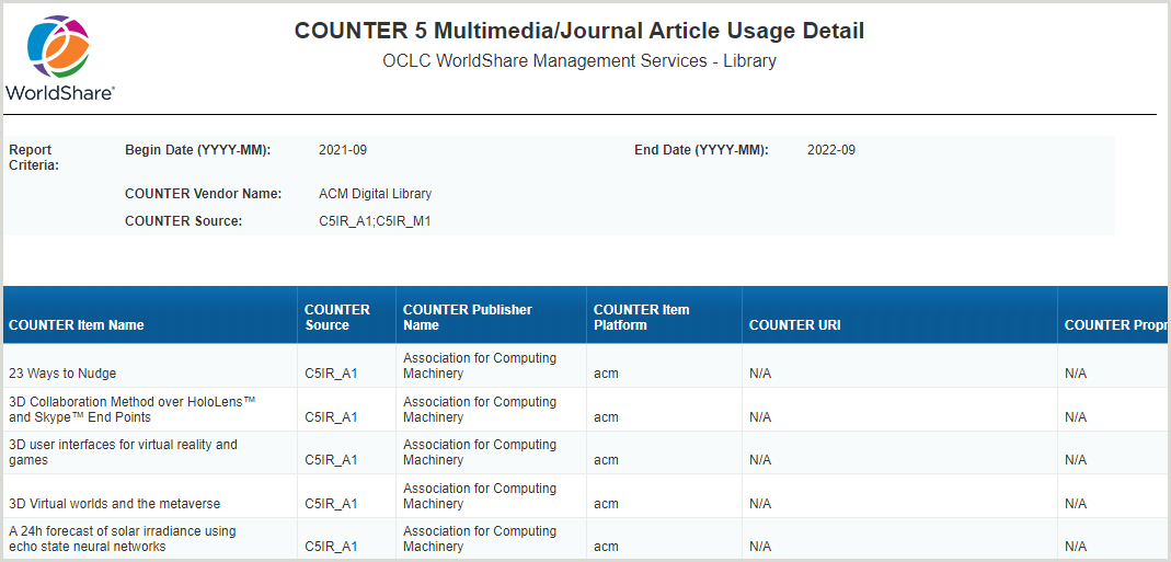 COUNTER 5 Multimedia Usage Detail report interface