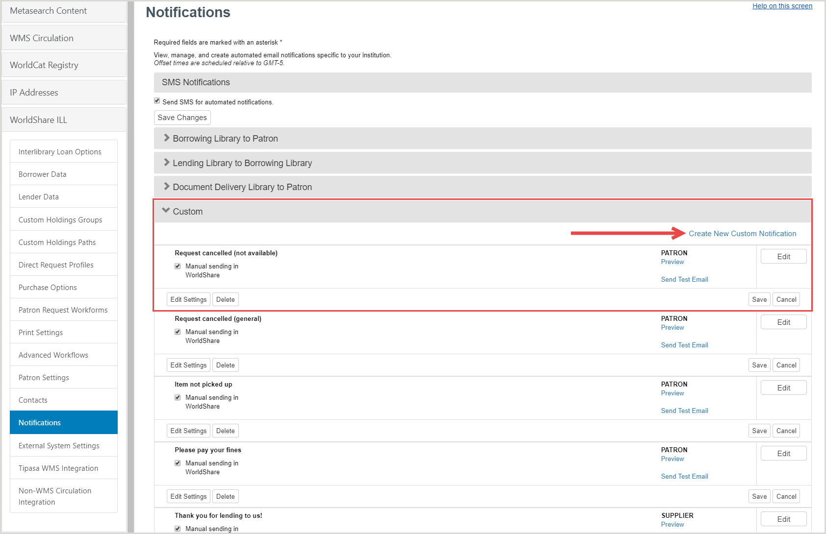 Screenshot showing configuration screen for custom patron notifications