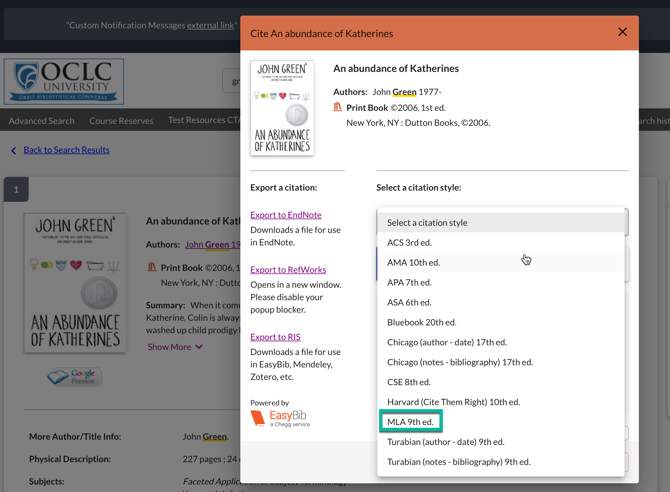 Screenshot of citation modal including the new MLA 9th edition.