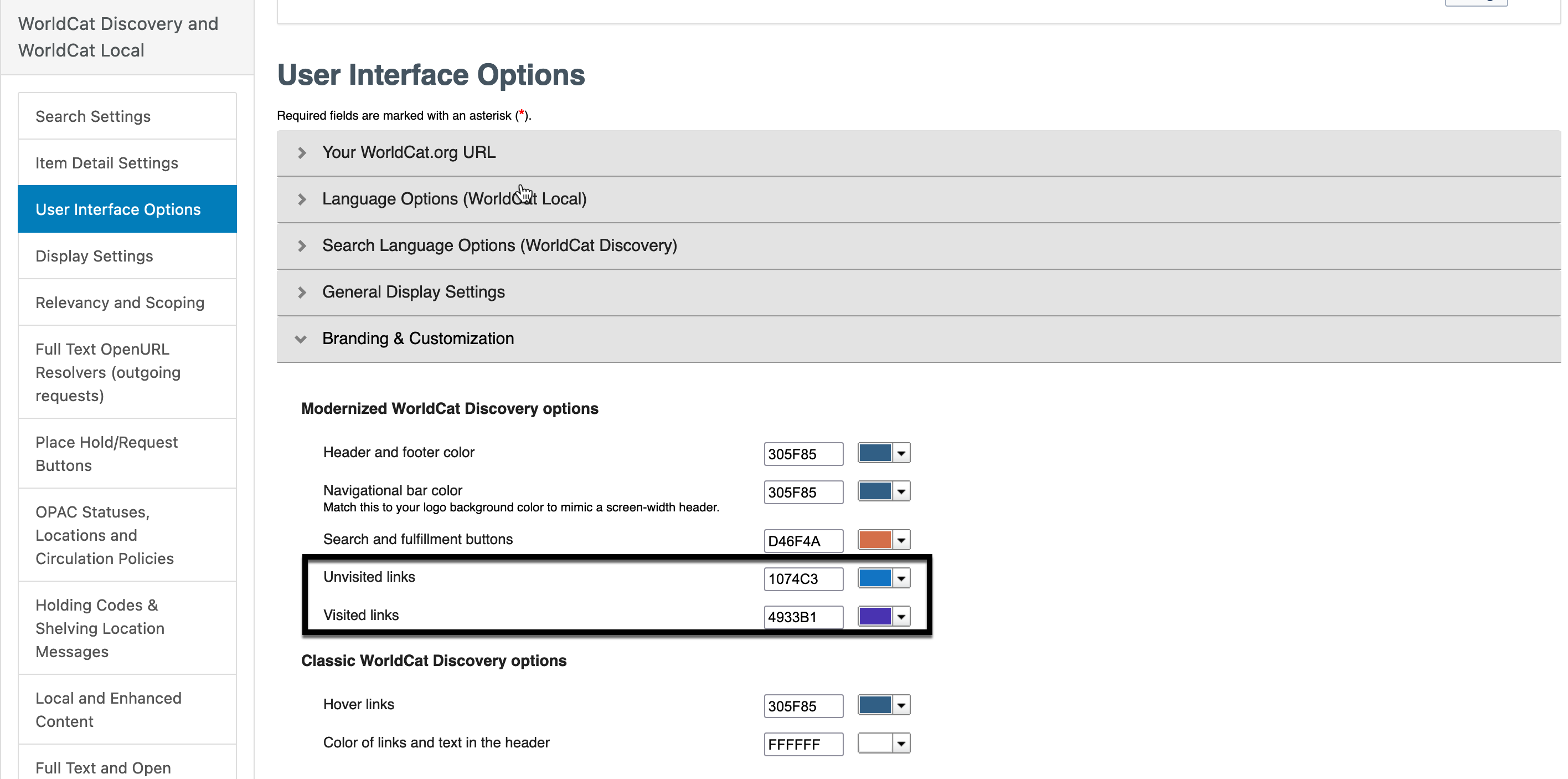 Screenshot of service configurationdisplaying recommended color settings for visited and invisited links.