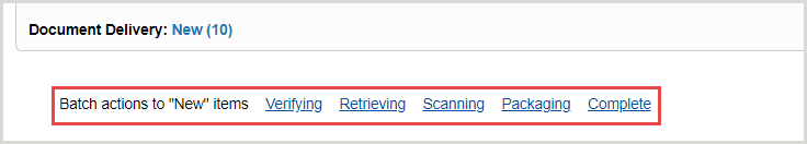 Screenshot of the Document Delivery screen in Tipasa with the Batch actions to "New" items links called out