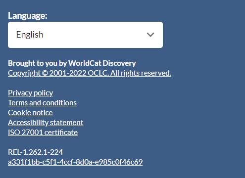 Screenshot of WorldCat Discovery footer displaying the unique Request ID libraries should send with any problem reports.