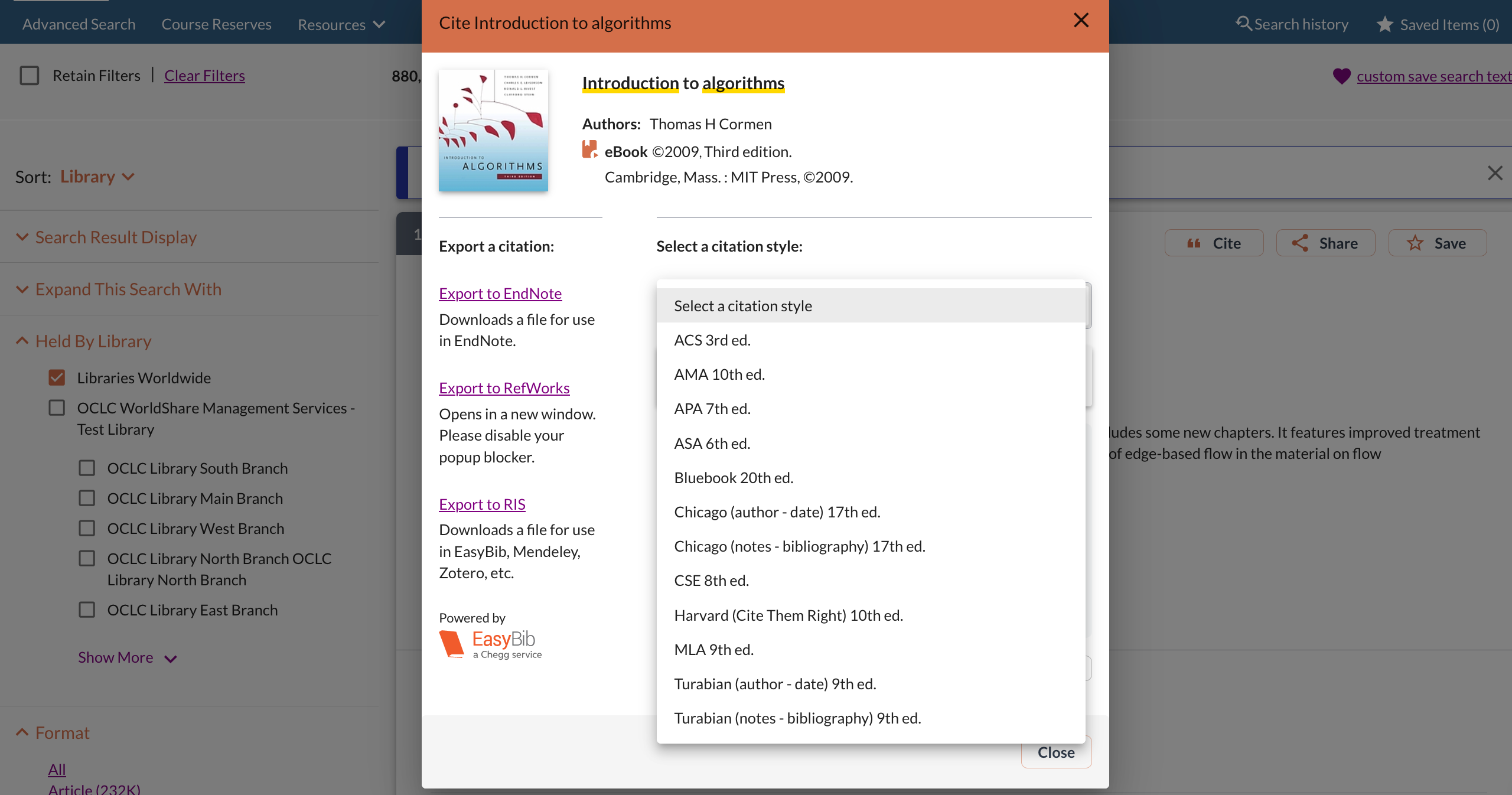 Screenshot of citation modal displaying citation style options