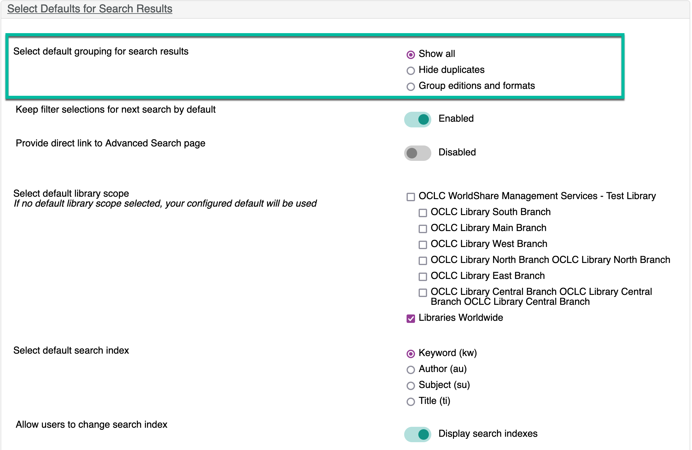Screenshot of service cofiguration settings for the search box generator
