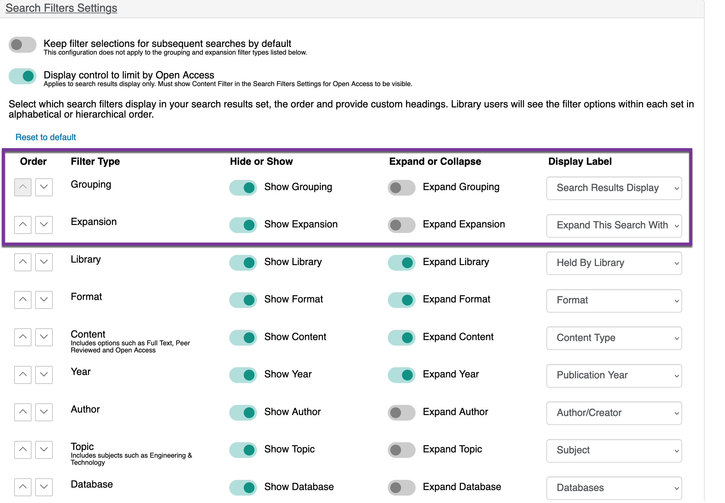 Screenshot of service configuration for search grouping and expansion options within search filters settings