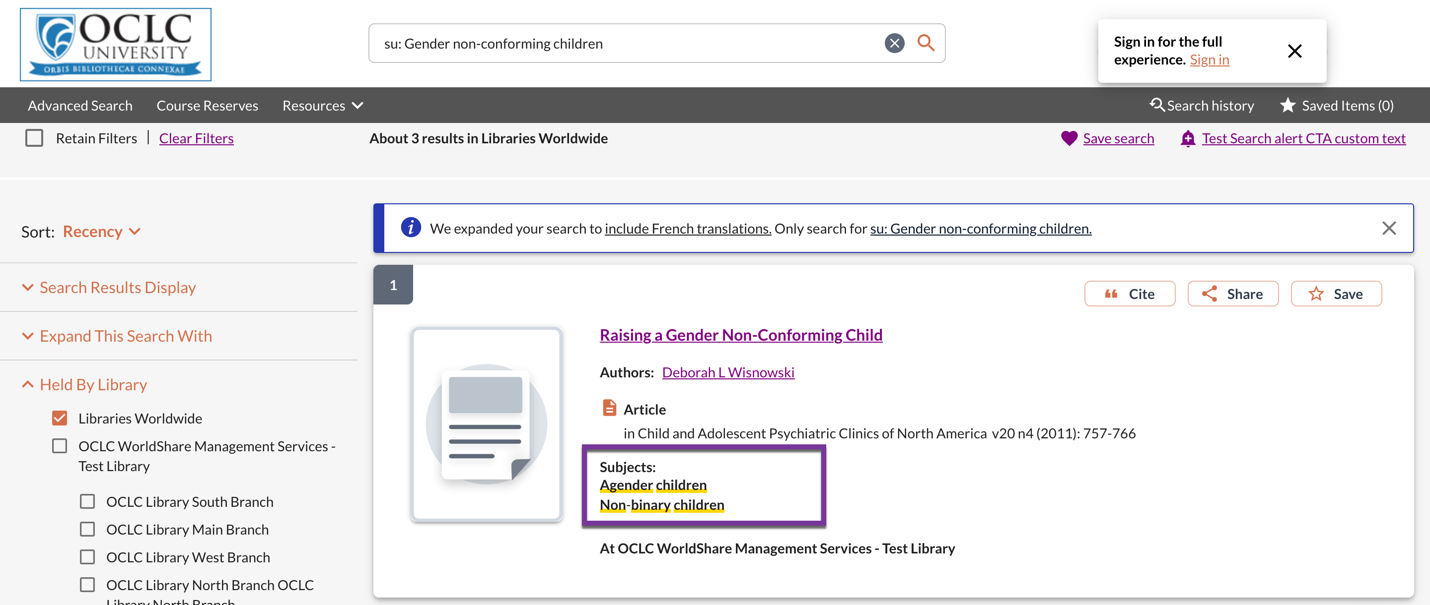A screenshot of search results in WorldCat Discovery showing the terms "agender children" and "non-binary children" replacing the subject "gender non-conforming children"