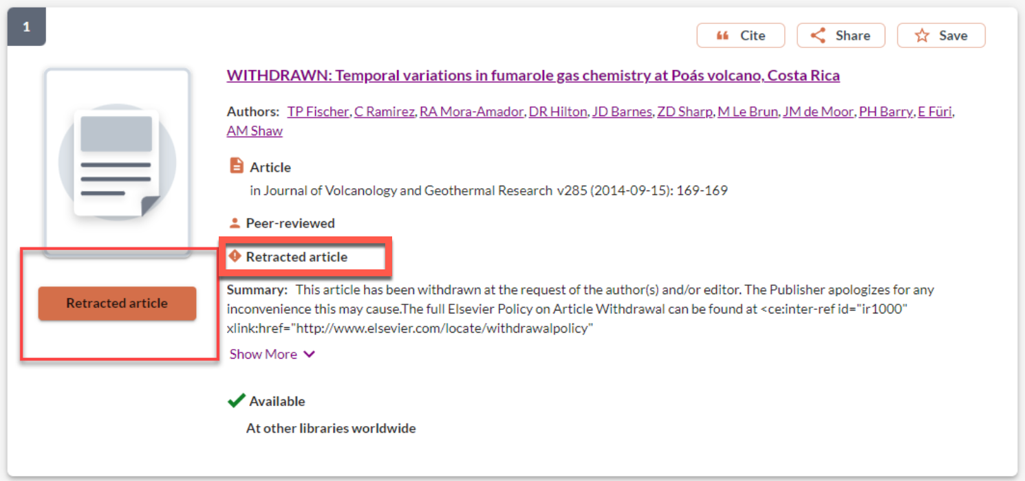 Screenshot of retraction indicator for libraries with all primary links set to display.