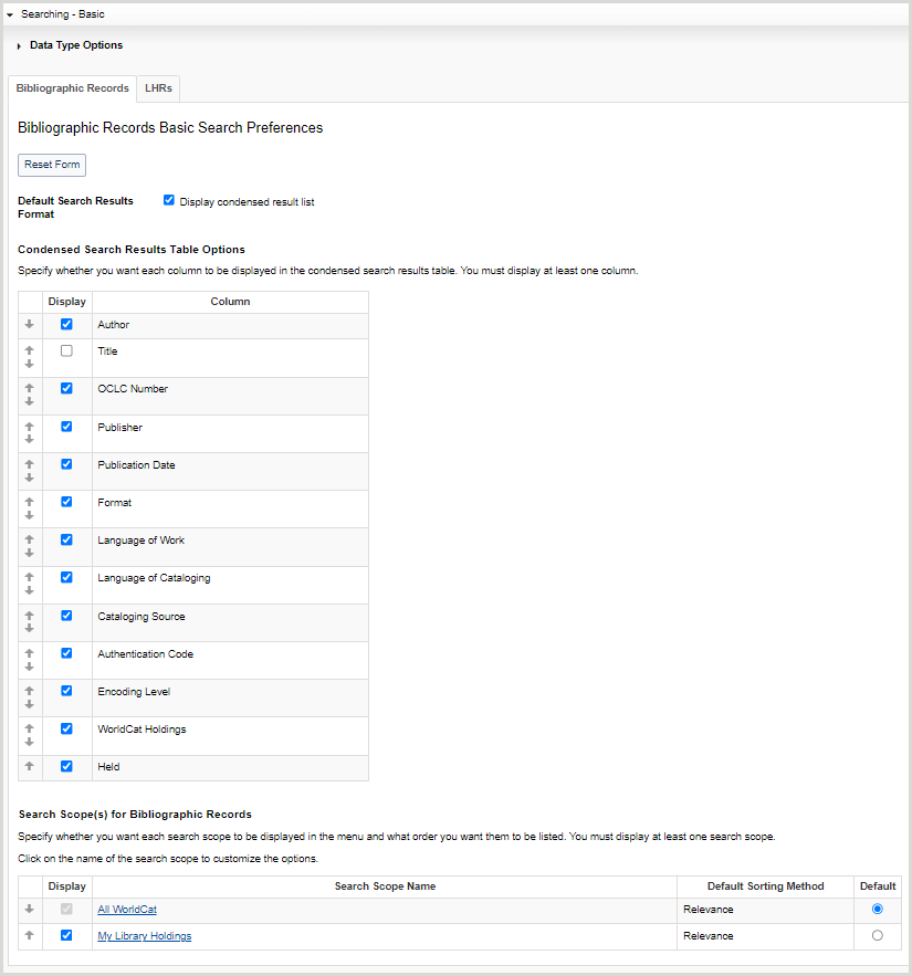 The Acquisitions Searching - Basic Bibliographic Records options accordion