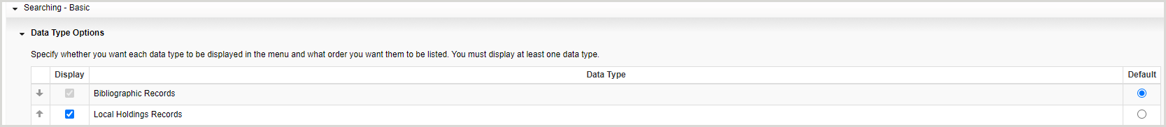 The Acquisitions Data Type Options accordion