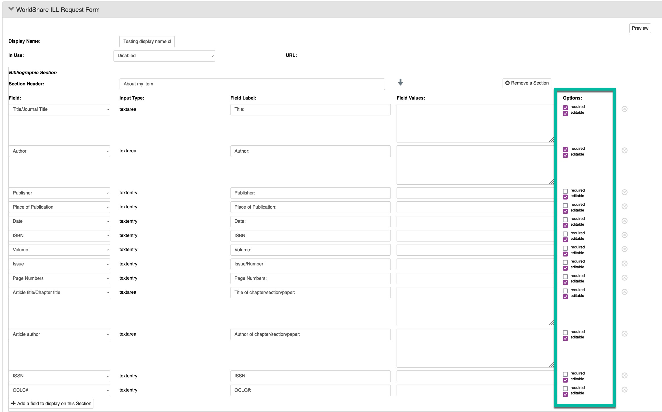 Screenshot of service configuration for the WorldShare ILL form.