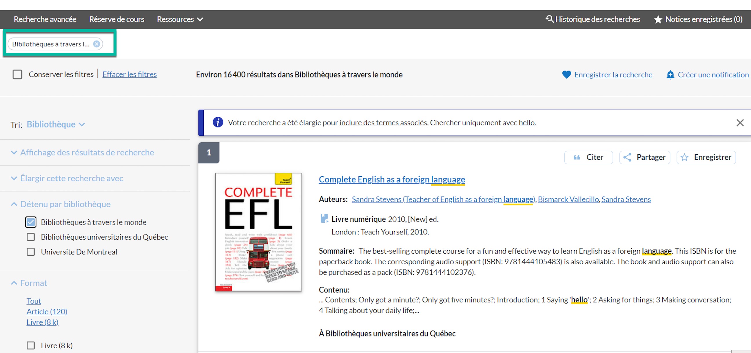 Screenshot displaying "Libraries Worldwide" chip correctly tranaslating as "Bibliothèques à travers le monde"