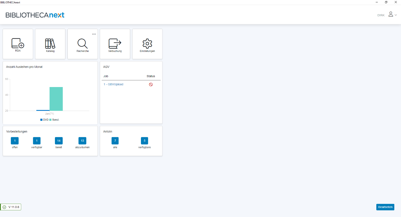 BIBLIOTHECAnext Dashboard Startseite mit Standardauswahl an Modulen (z.B. Verbuchung) und Diensten (z.B. Anzeige Vorbestellungen).