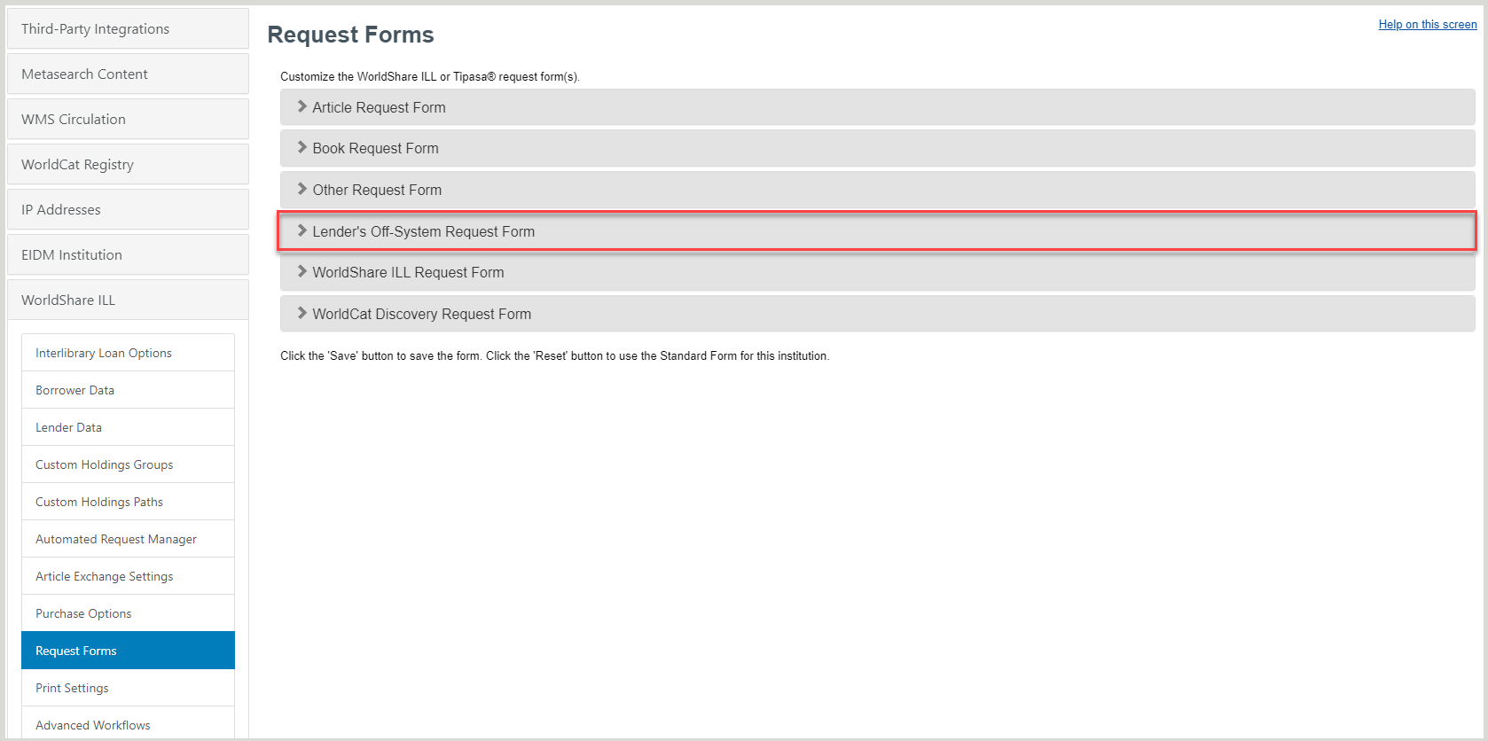 Screenshot of the Request Forms screen in OCLC Service Configuration with the Lender's Off-System Request Form accordion called out