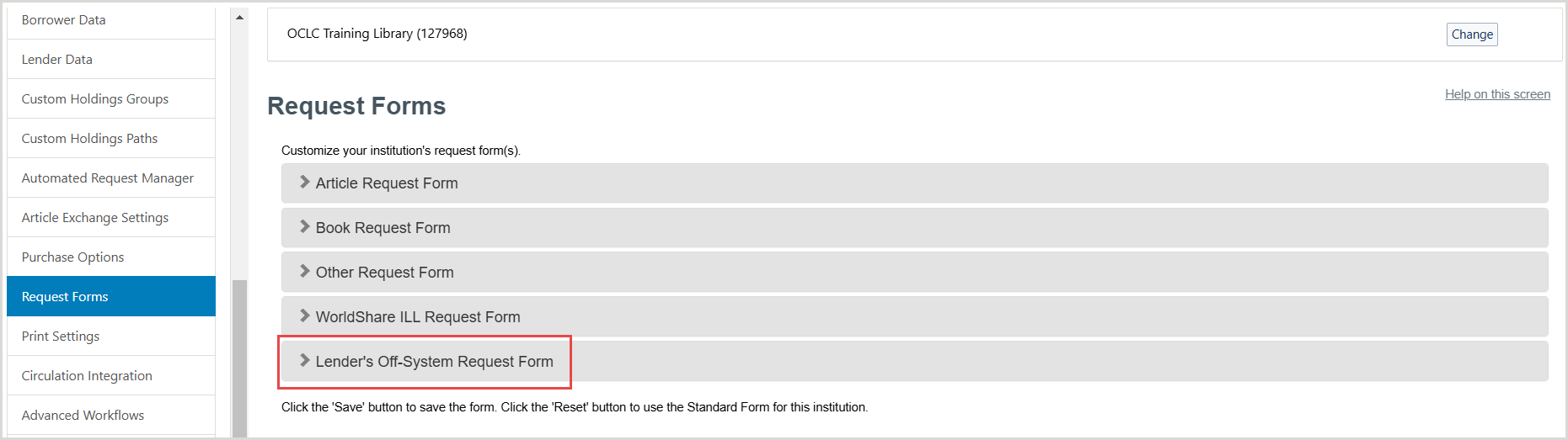 Screenshot of the Request Forms screen in OCLC Service Configuration with the Lender's Off-System Request Form accordion called out