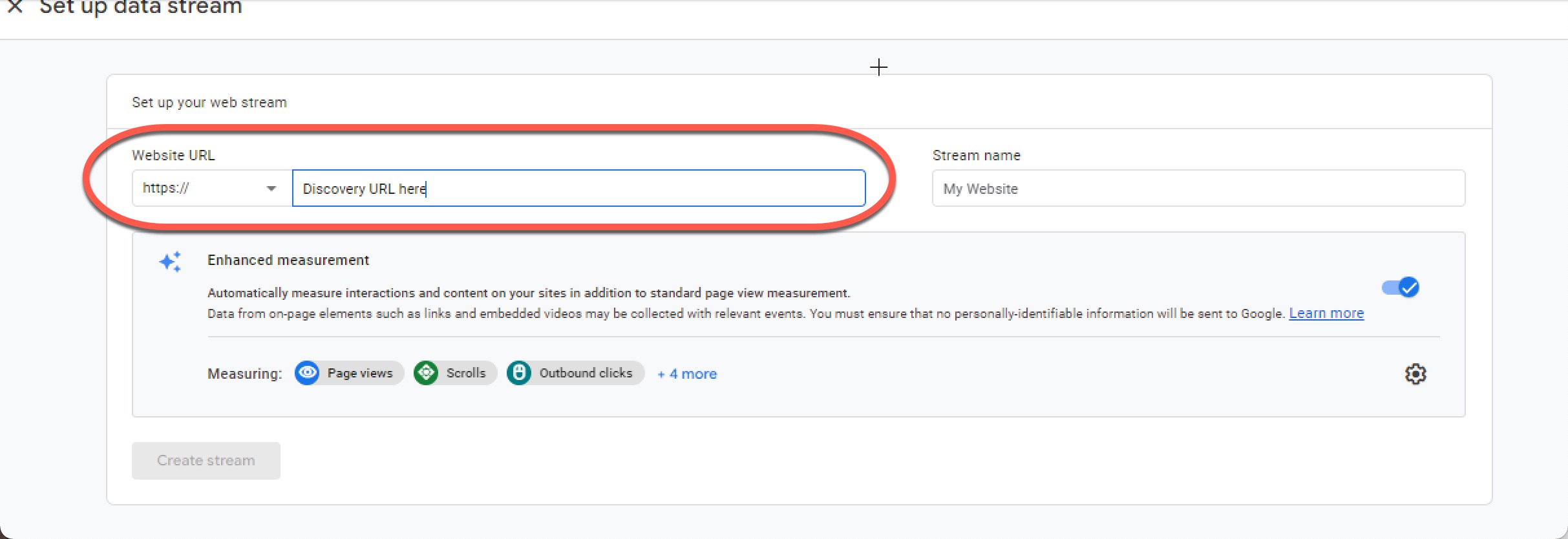 Screenshot of the Google Analytics screen for setting up a data stream, demonstrating to enter your library's Disovery URL in the "Website URL" field.