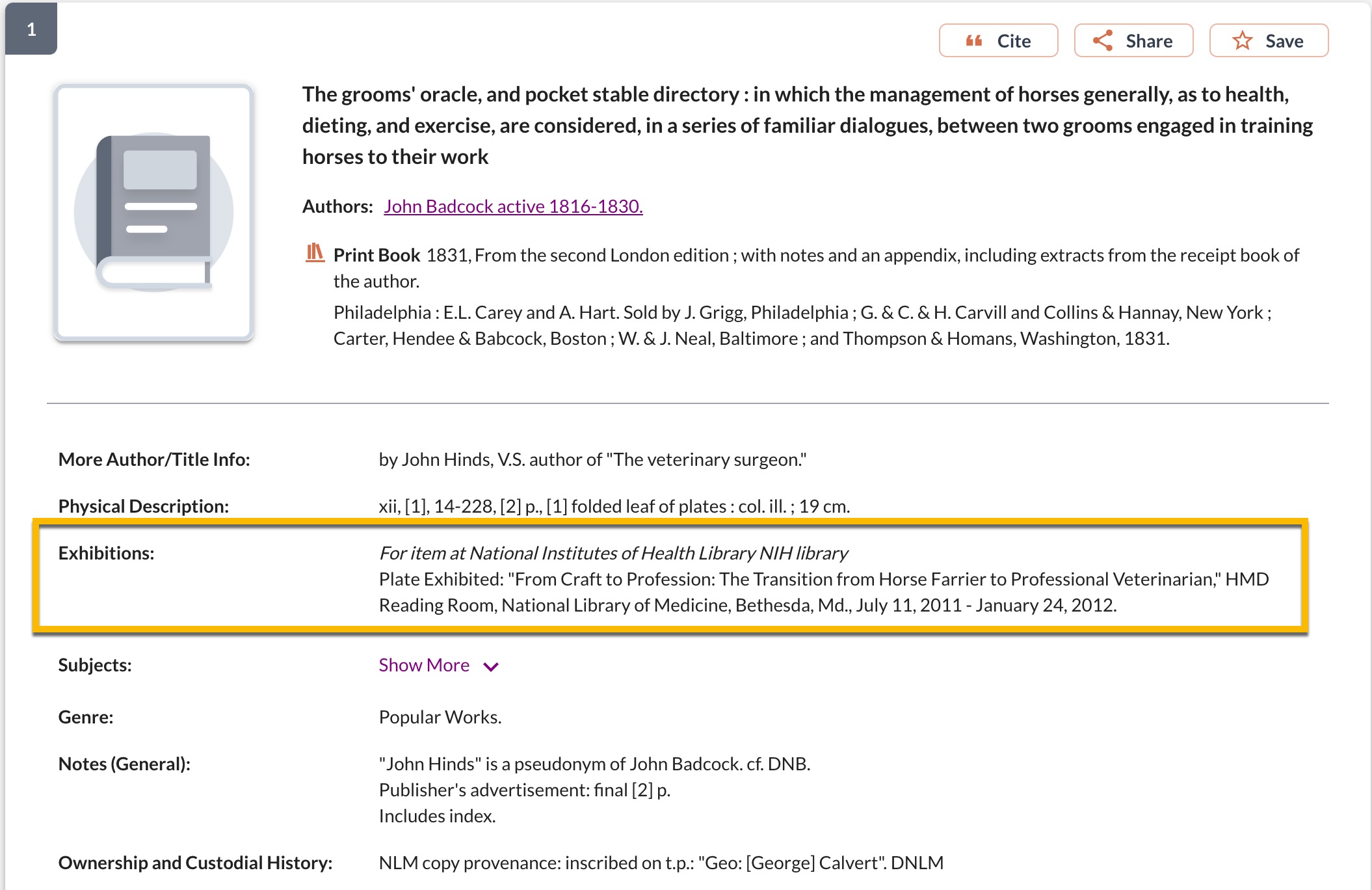 Screenshot showing an item details page with $5 information outlined with a yellow box. The $5 display readsL: "For item at National Institutions of Health NIH Library".