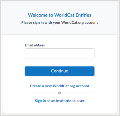 The sign in screen for a WorldCat sign in. Additional options on the screen include creating a new WorldCat account or signing in as an institutional user.