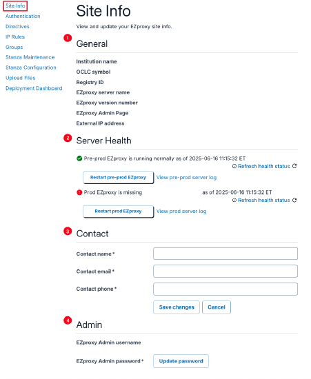 Screenshot of the EZproxy Configuration Site Info screen