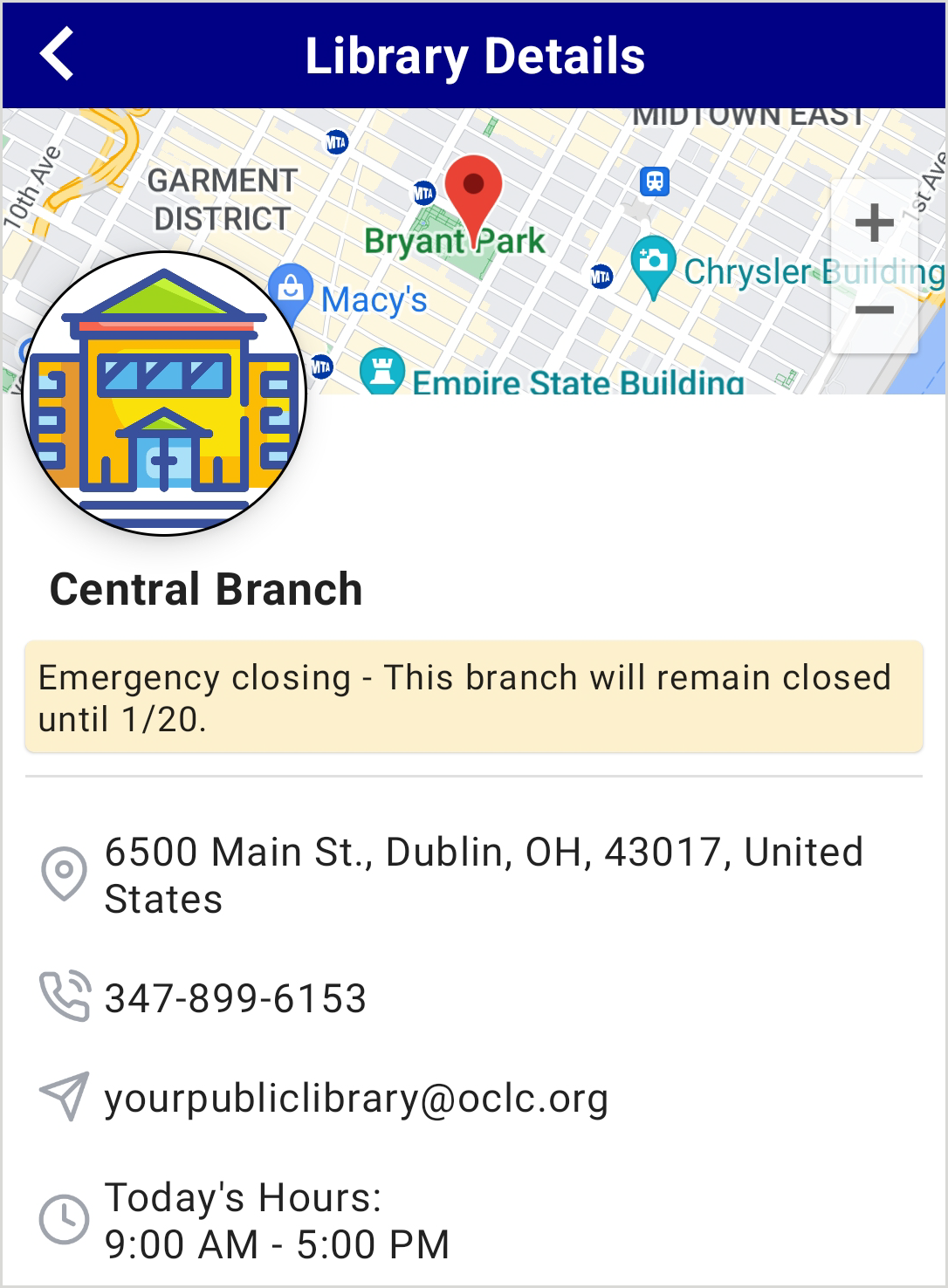 A Library Details page in the CapiraMobile app for Central Branch. Includes a map, emergency message, address, phone number, email and open hours
