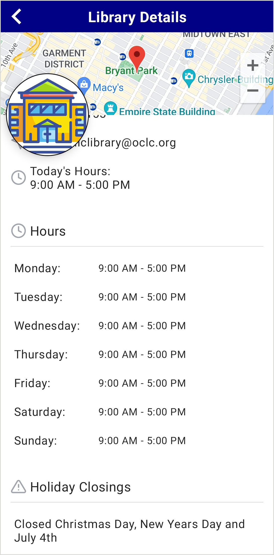 The Library Details page for a branch in a CapiraMobile app, listing all daily hours the branch is open