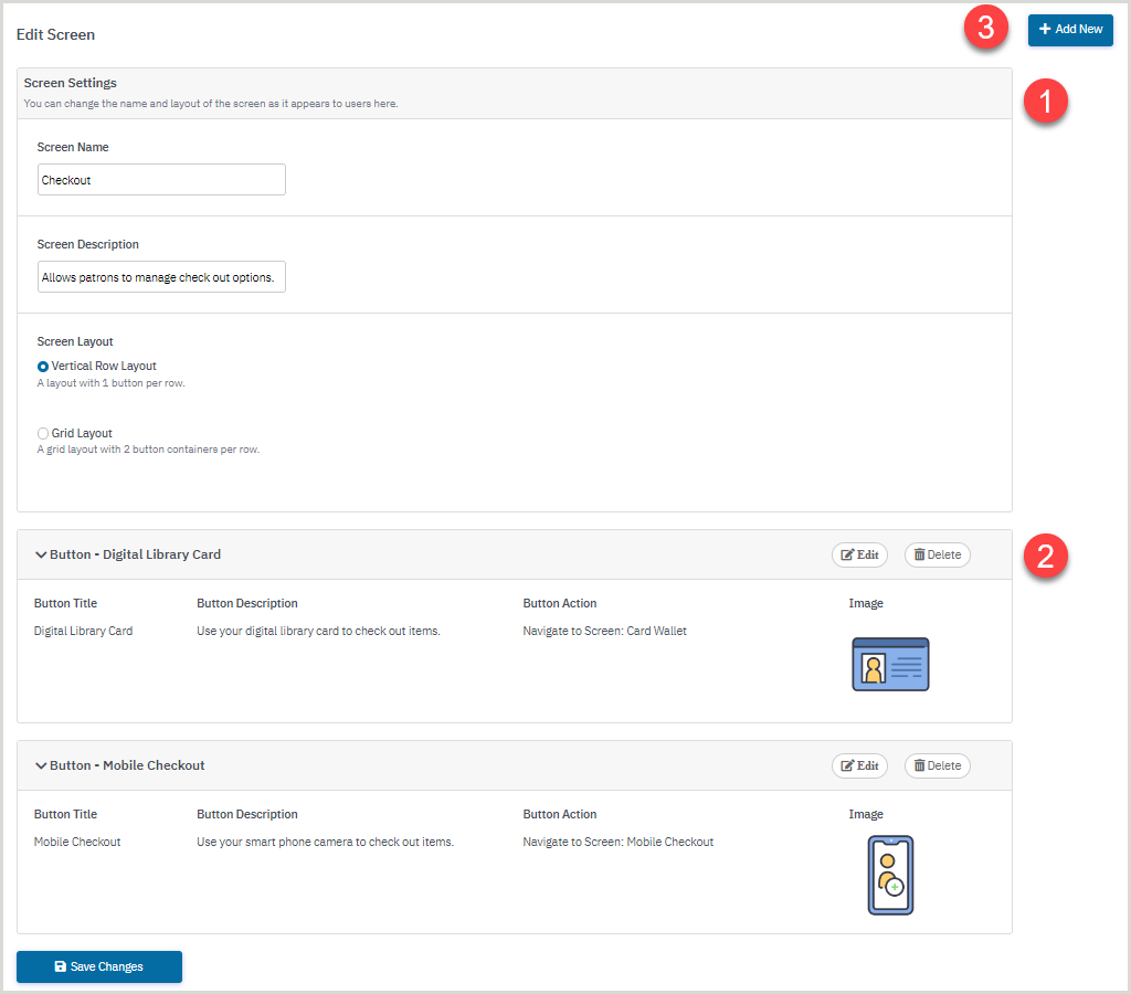 The editor for a Checkout custom screen in the CapiraMobile Staff Dashboard