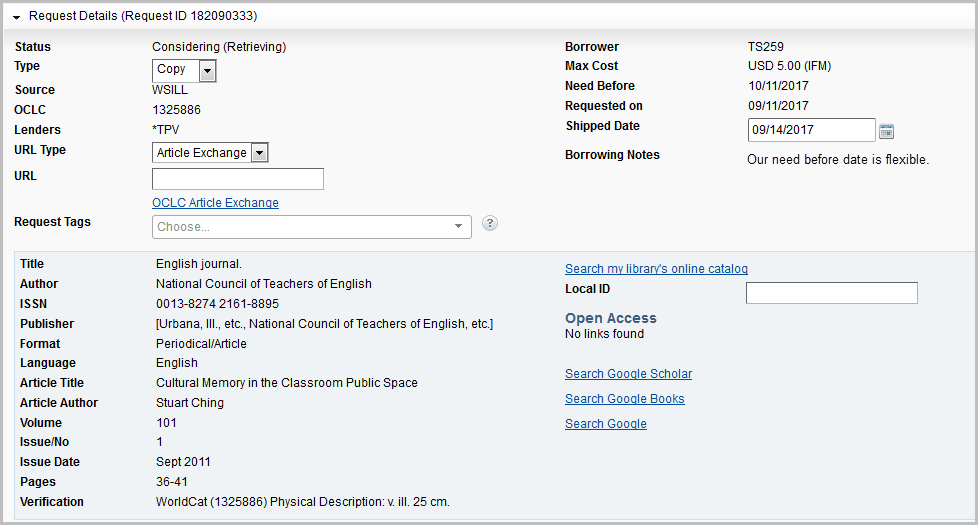 Screenshot of the Request Details accordion and its associated fields in Tipasa
