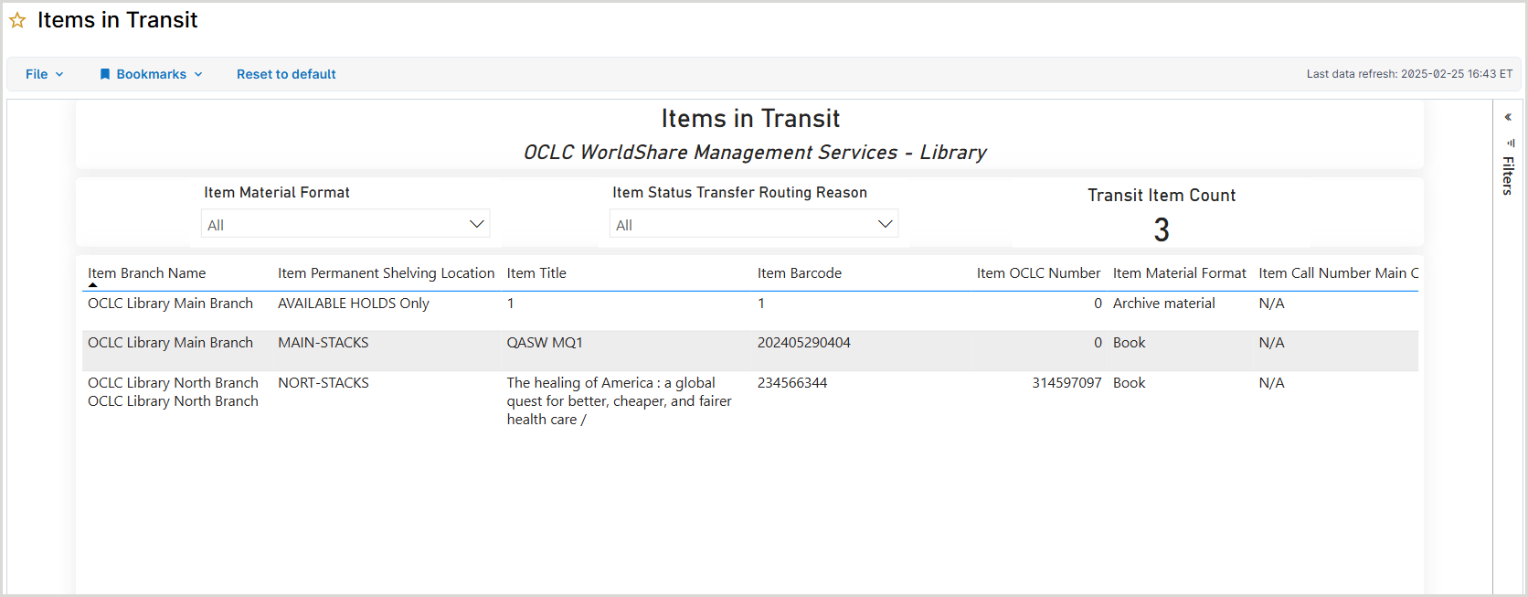 Screenshot of the Items in Transit report in WorldShare Reports in Power BI