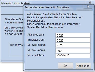 Screenshot des Fenster zum Setzen der Jahreswerte fuer Statistiken der Jahresmeldung.